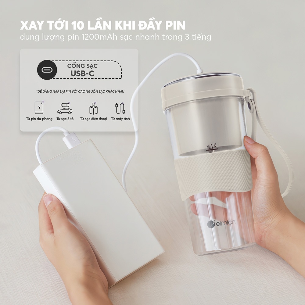 Máy Xay Sinh Tố Cầm Tay Elmich BLE9215 400ml, Hàng Chính Hãng,Lưỡi Dao 10 Cánh,Xay Nhanh 40s-JoyMall