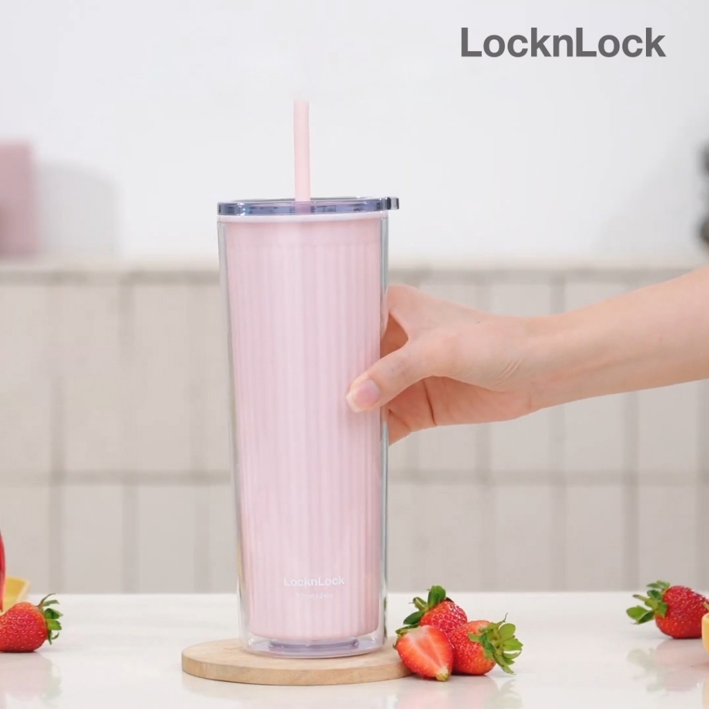 Ly nhựa 2 lớp LocknLock Double Wall Cold Cup 720ml HAP528, Hàng chính hãng, thân cao, dễ cầm nắm, kèm ống hút - JoyMall