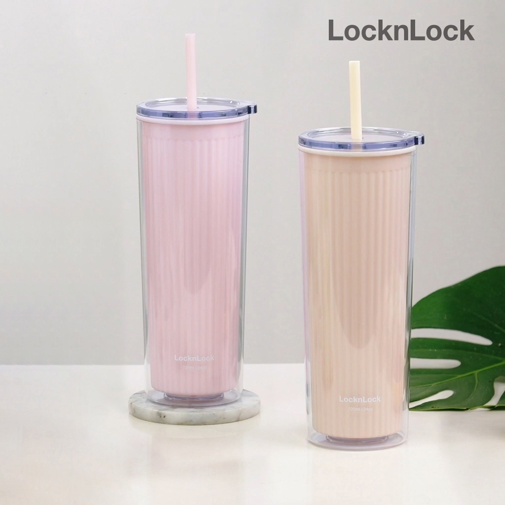Ly nhựa 2 lớp LocknLock Double Wall Cold Cup 720ml HAP528, Hàng chính hãng, thân cao, dễ cầm nắm, kèm ống hút - JoyMall