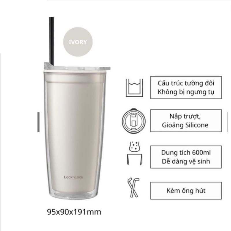 Ly nhựa 2 lớp LocknLock Double Wall Cold Cup 600ml màu ngà HAP523IVY, Hàng chính hãng, kèm ống hút - JoyMall