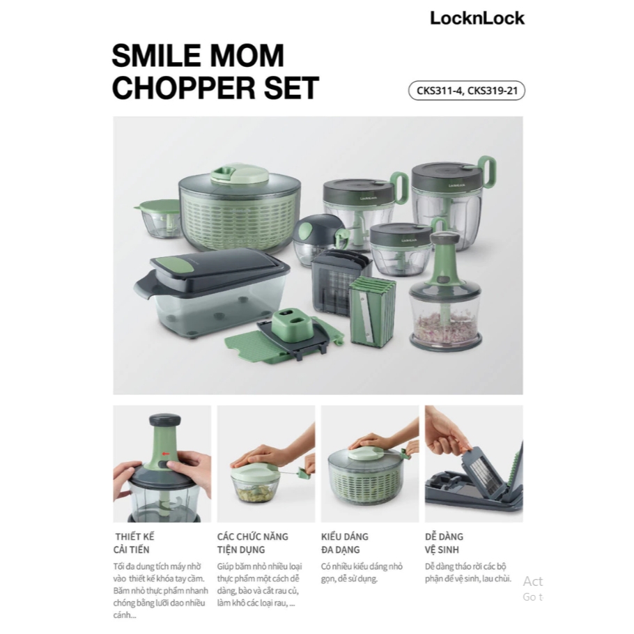 Bộ Rổ Quay Rau Và Dụng Cụ Băm Rau Củ Quả Đa Năng LocknLock CKS319GRN CKS320GRN, Hàng chính hãng, lưỡi dao Inox - JoyMall