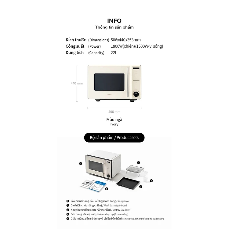 Lò chiên không dầu kết hợp lò vi sóng Locknlock Rangefryer EJF294IVY, Hàng chính hãng, 2 trong 1, đáy phẳng - JoyMall