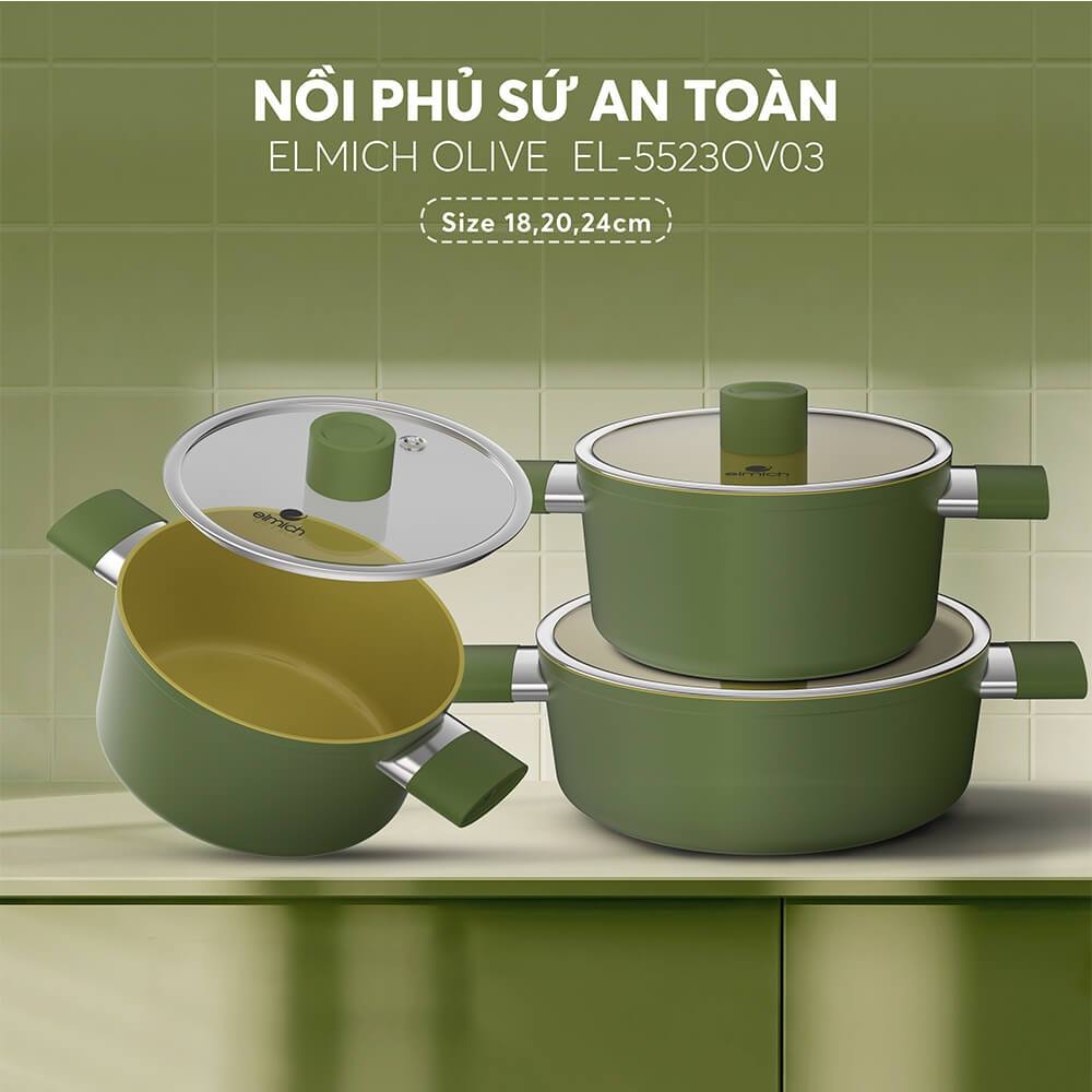 Bộ nồi phủ sứ an toàn Elmich Olive EL-5220OV03 size 18,20,24cm, Hàng chính hãng - JoyMall