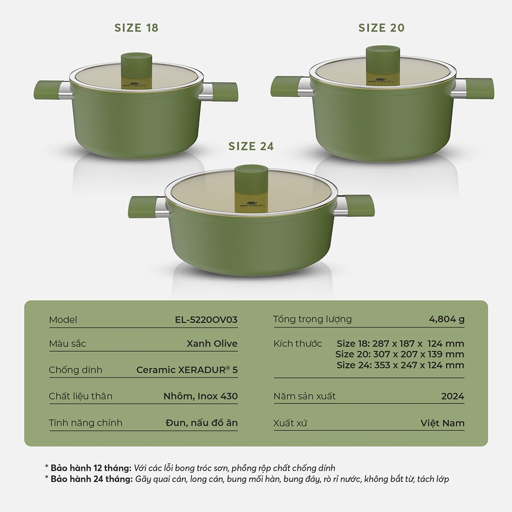 Bộ nồi phủ sứ an toàn Elmich Olive EL-5220OV03 size 18,20,24cm, Hàng chính hãng - JoyMall
