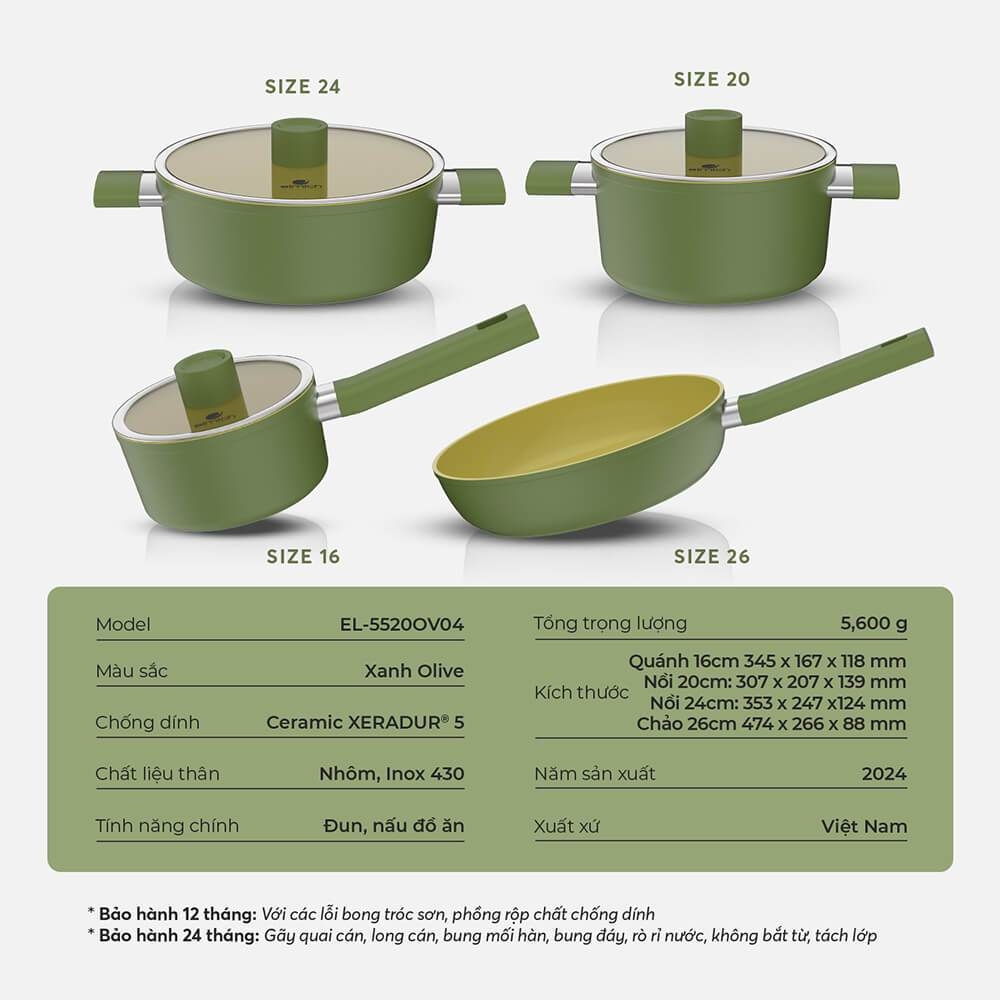 Bộ nồi chảo phủ sứ an toàn Elmich Olive EL-5220OV04 quánh 16,nồi 20,24,chảo 26cm, Hàng chính hãng - JoyMall