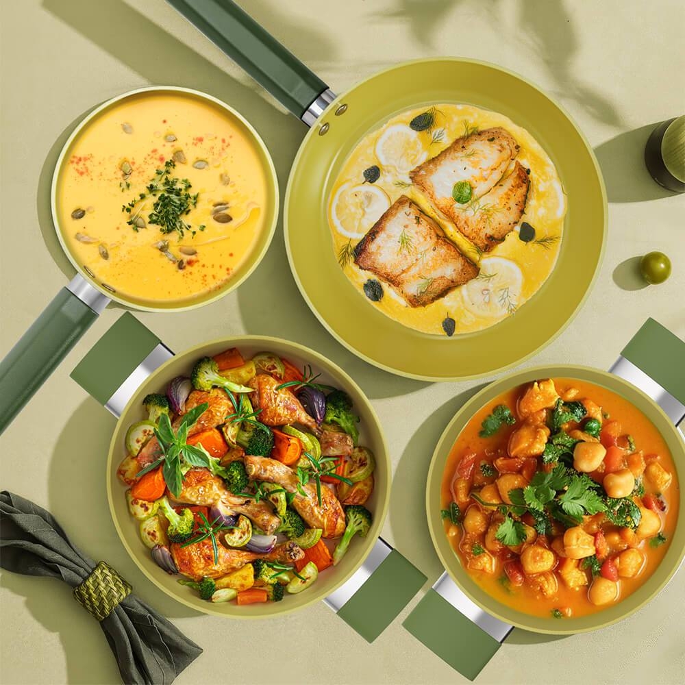 Bộ nồi chảo phủ sứ an toàn Elmich Olive EL-5220OV04 quánh 16,nồi 20,24,chảo 26cm, Hàng chính hãng - JoyMall