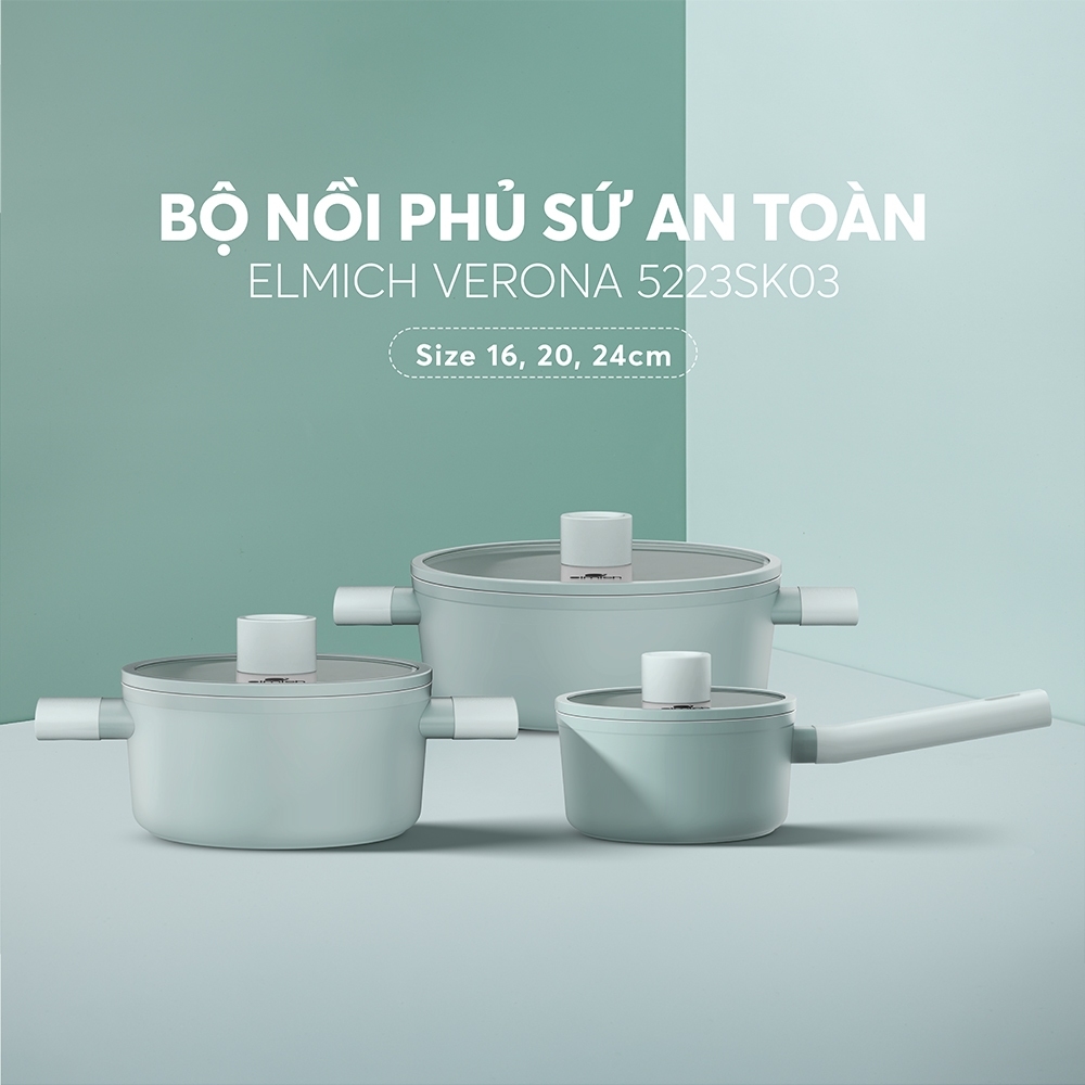 Bộ nồi quánh phủ sứ an toàn Elmich Verona EL-5223SK03, Hàng chính hãng, dùng được bếp từ- JoyMall