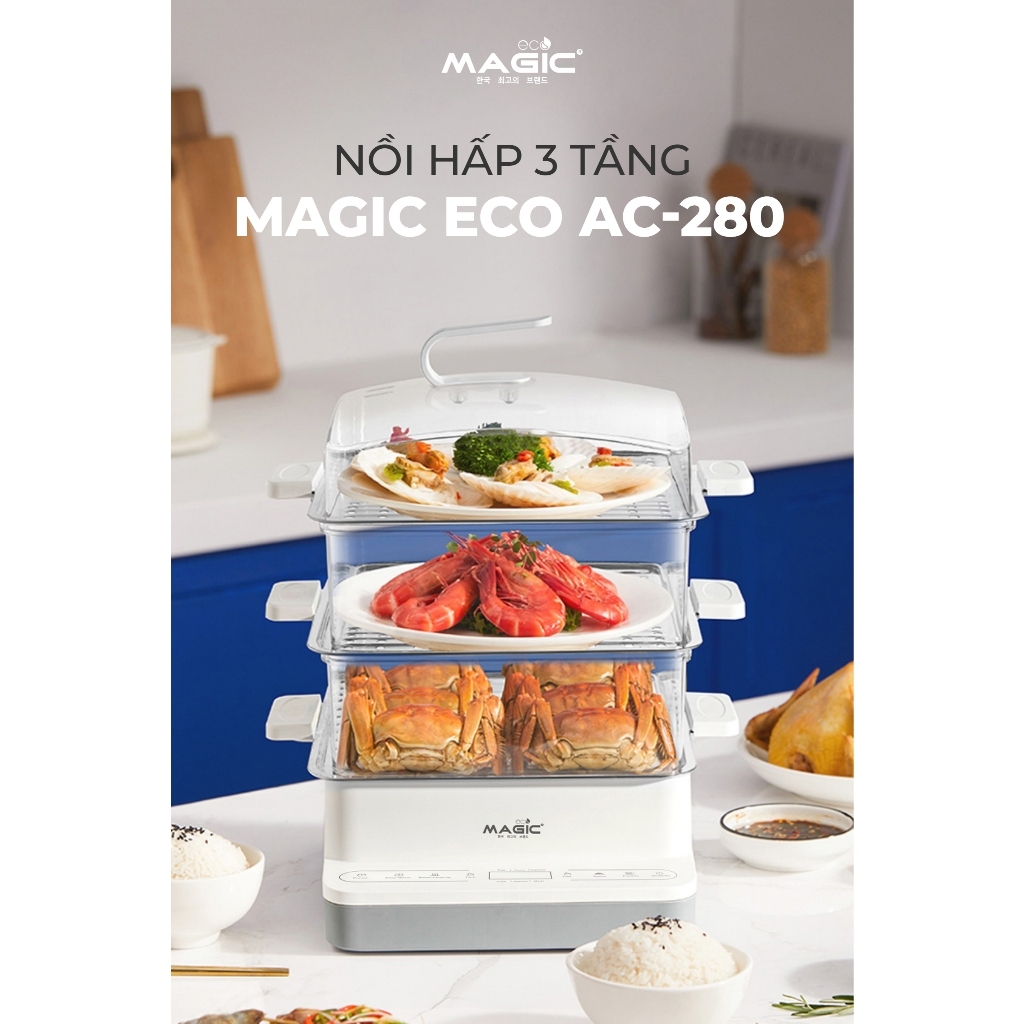 Máy hấp thực phẩm 3 tầng MAGIC Eco AC-280 18L, Hàng chính hãng, điều khiển cảm ứng, chế độ hẹn giờ - JoyMall