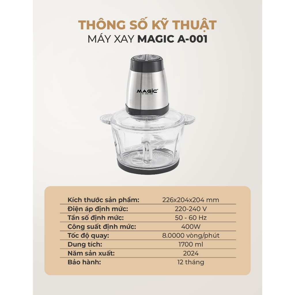 Máy xay thực phẩm đa năng MAGIC A-001 1.7L, Hàng chính hãng, cối thủy tinh, lưỡi dao kép - JoyMall