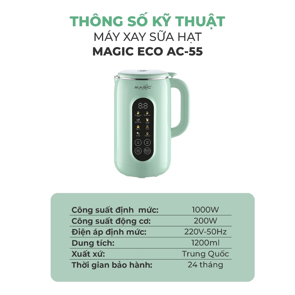Máy xay nấu sữa hạt đa năng MAGIC Eco AC-55 1.2L 1000W, Hàng chính hãng, lưỡi dao 8 cánh - JoyMall
