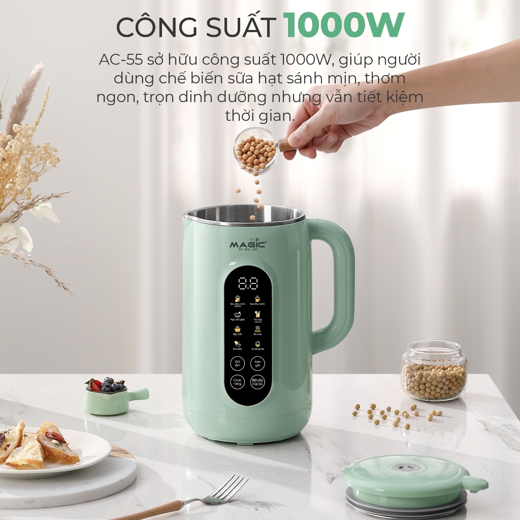 Máy xay nấu sữa hạt đa năng MAGIC Eco AC-55 1.2L 1000W, Hàng chính hãng, lưỡi dao 8 cánh - JoyMall