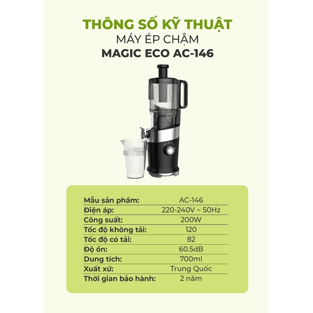Máy ép chậm miệng rộng MAGIC Eco AC-146, Hàng chính hãng, lưới lọc 3 tầng, tháo lắp đơn giản-JoyMall