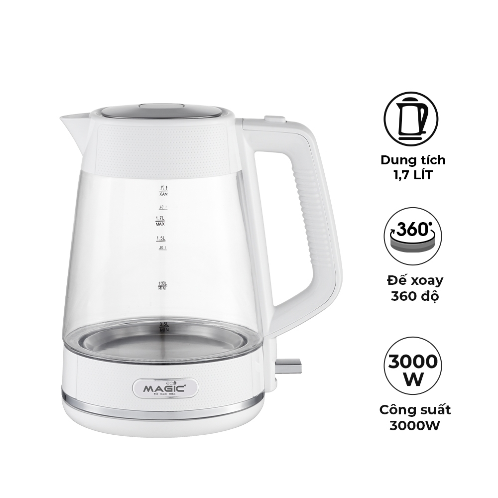 Bình đun siêu tốc thủy tinh MAGIC Eco AC-41 1.7L 3000W, Hàng chính hãng, đế xoay 360 độ - JoyMall