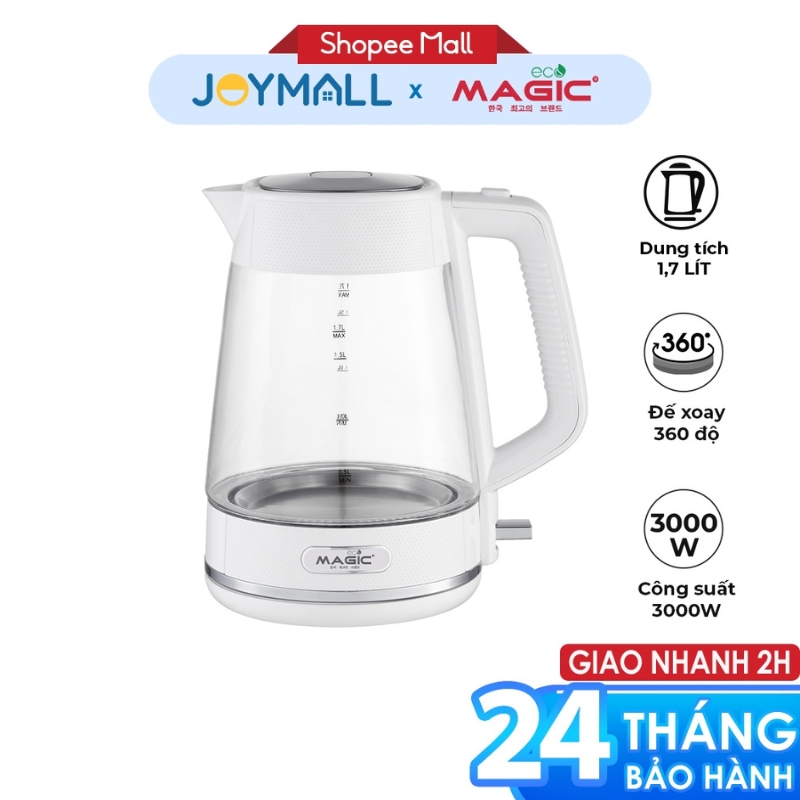 Bình đun siêu tốc thủy tinh MAGIC Eco AC-41 1.7L 3000W, Hàng chính hãng, đế xoay 360 độ - JoyMall
