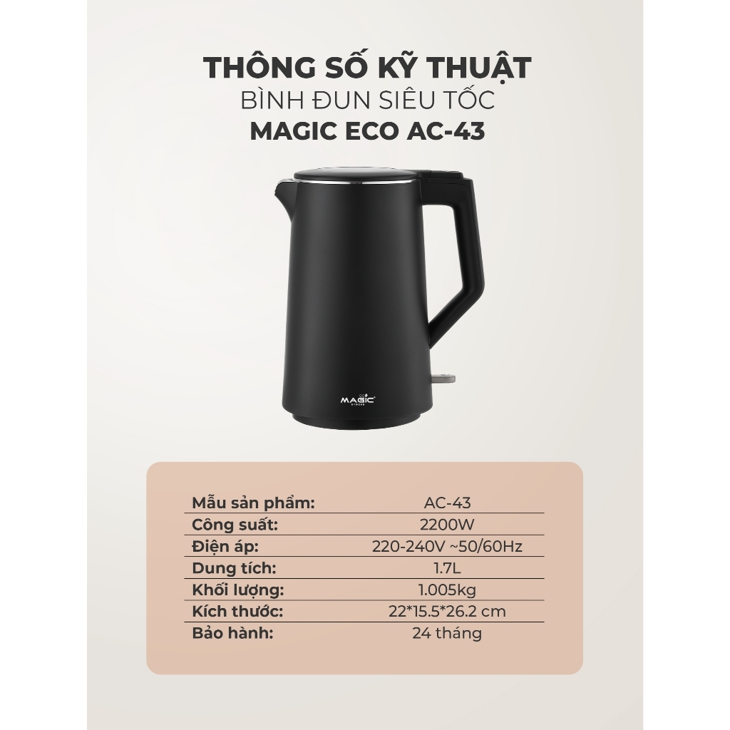 Bình đun siêu tốc thông minh MAGIC Eco AC-43 1.7L 2200W, Hàng chính hãng, đế tiếp điện strix-JoyMall