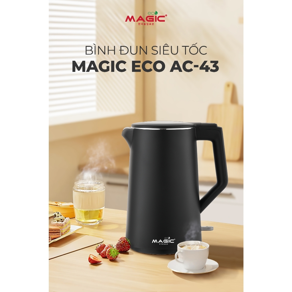 Bình đun siêu tốc thông minh MAGIC Eco AC-43 1.7L 2200W, Hàng chính hãng, đế tiếp điện strix-JoyMall