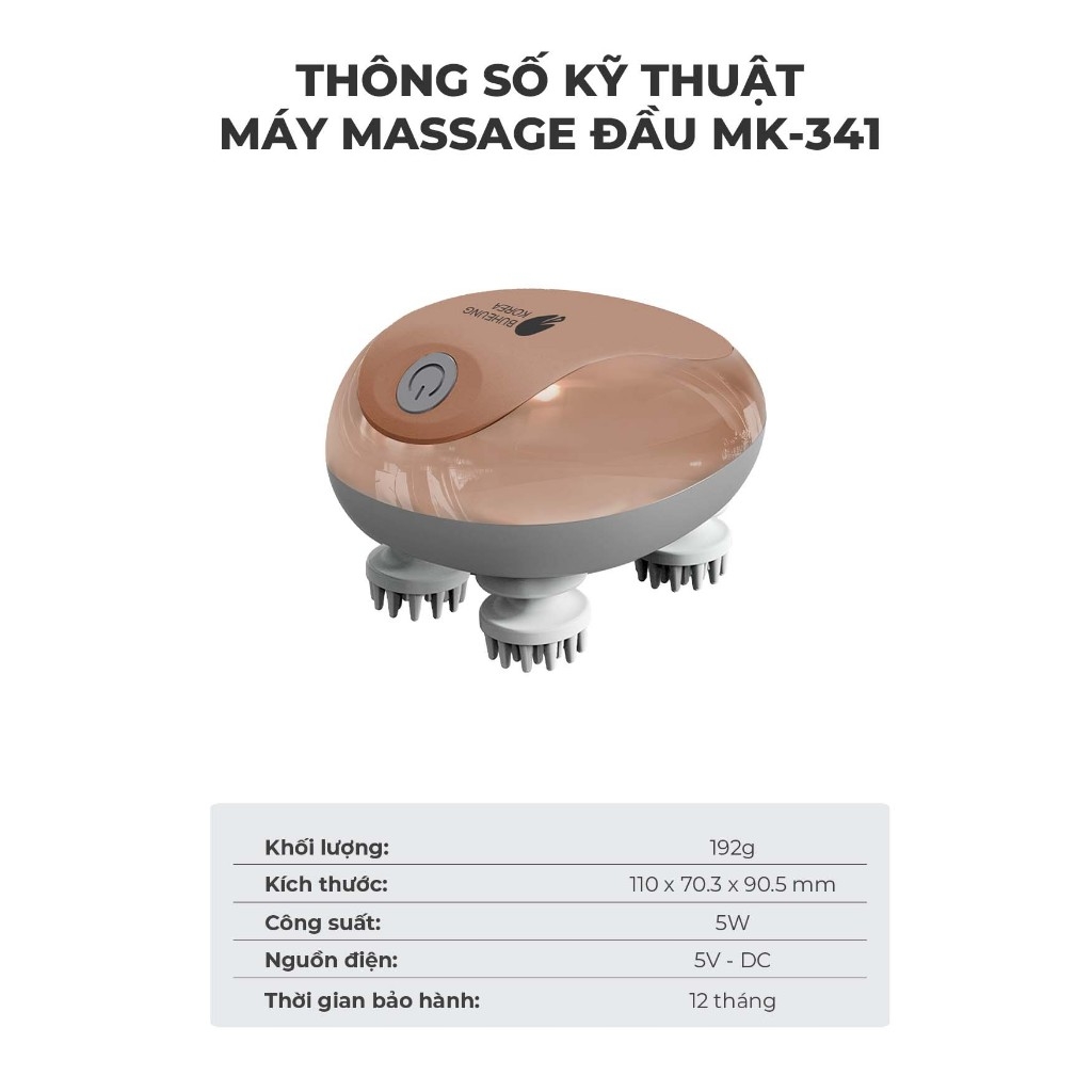 Máy massage đầu Buheung MK-341 5W, Hàng chính hãng, 3 chế độ massage, 4 đầu xoay 360 độ - JoyMall