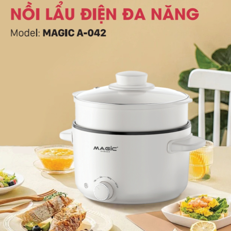 Nồi lẩu điện đa năng MAGIC A-042 2.5L, Hàng chính hãng, núm vặn chỉnh nhiệt độ, có khay hấp -JoyMall
