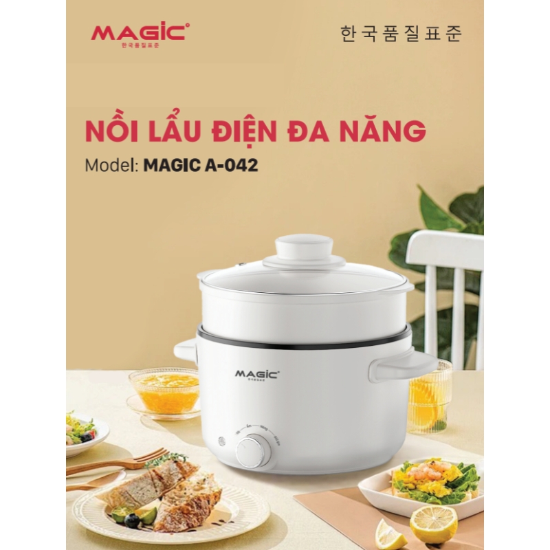 Nồi lẩu điện đa năng MAGIC A-042 2.5L, Hàng chính hãng, núm vặn chỉnh nhiệt độ, có khay hấp -JoyMall