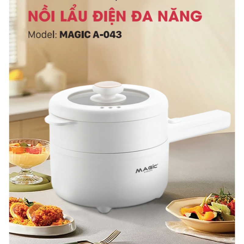 Nồi lẩu điện đa năng MAGIC A-043 1.6L, Hàng chính hãng, tay cầm tiện lợi, có khay hấp - JoyMall