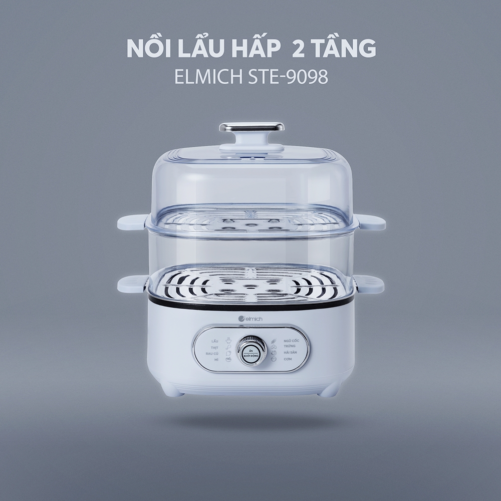 Nồi lẩu hấp 2 tầng Elmich STE-9098, Hàng chính hãng, 8 tính năng hấp, khay hấp nhựa tháo rời-JoyMall