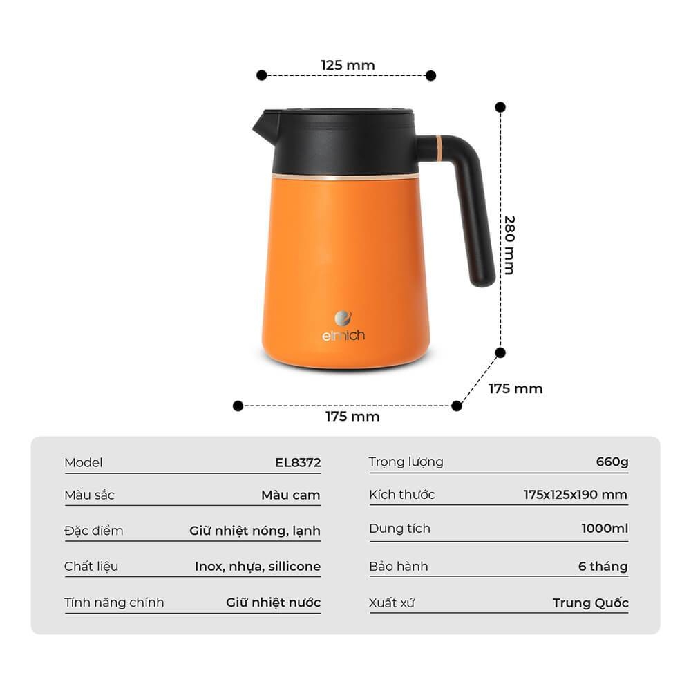 Bình giữ nhiệt gia đình inox 304 Elmich EL8372 1L, Hàng chính hãng, tay cầm tiện lợi - JoyMall