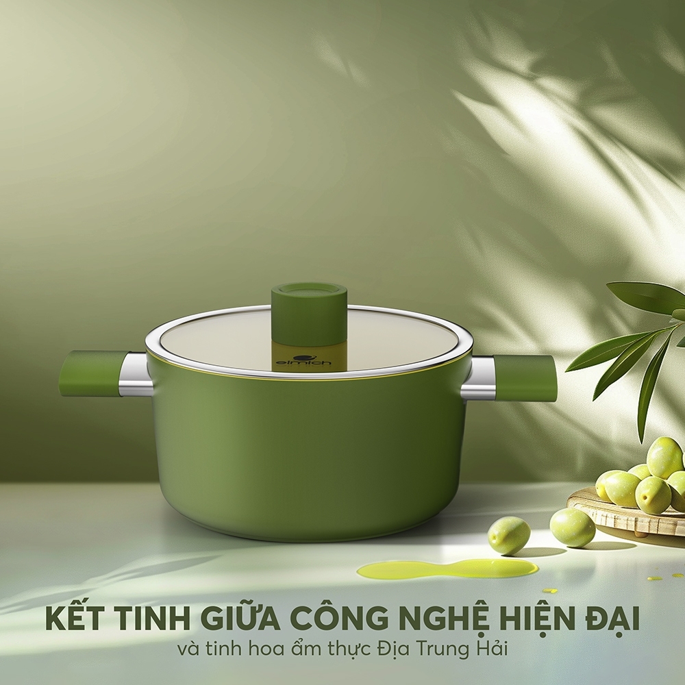 Bộ nồi chảo quánh phủ sứ Elmich Olive Classic EL-5220OV04 16, 20, 24, 26cm, Hàng chính hãng -JoyMall