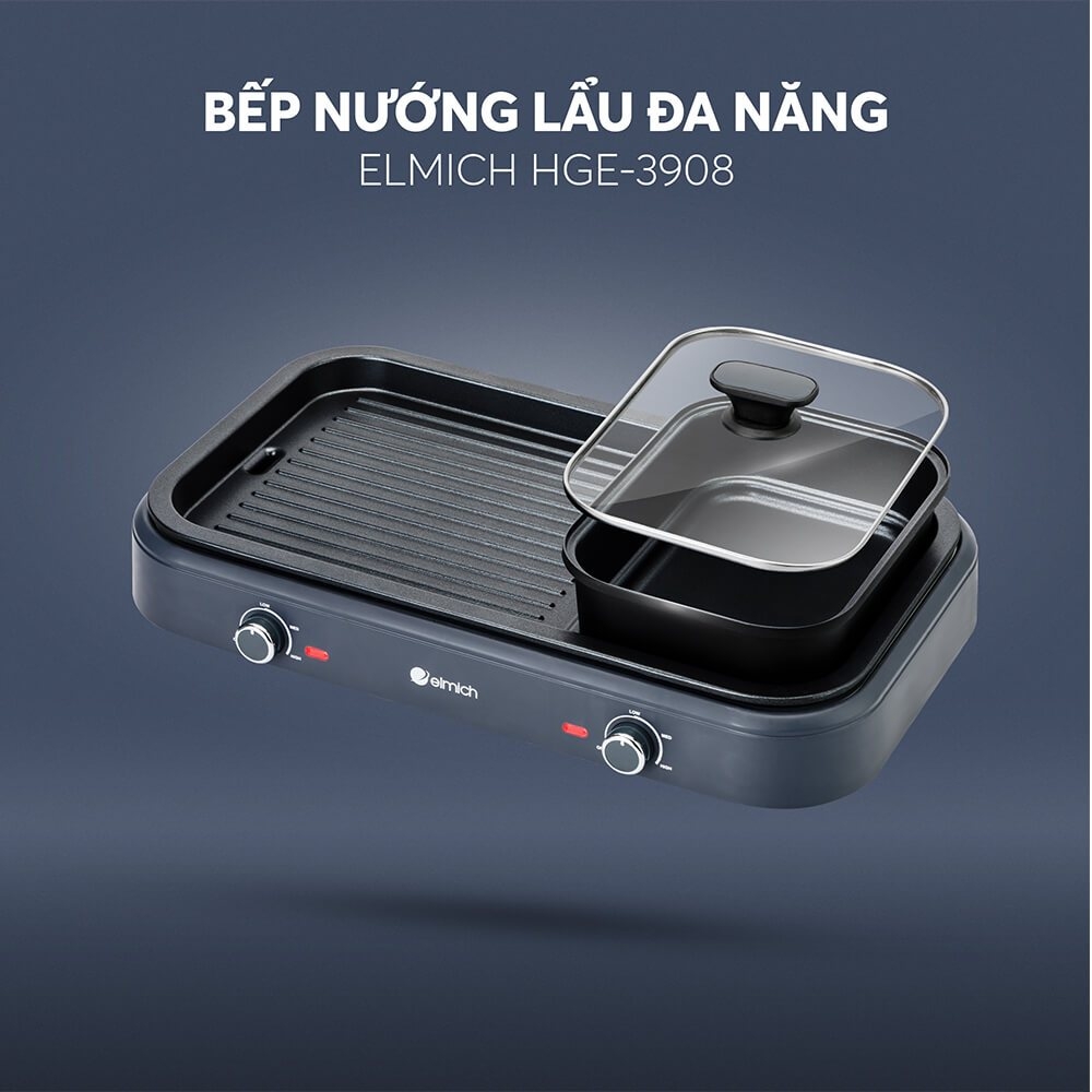 Bếp nướng lẩu đa năng Elmich HGE-3908 1700W, Hàng chính hãng,lẩu nướng 2 trong 1,dễ tháo rời-JoyMall