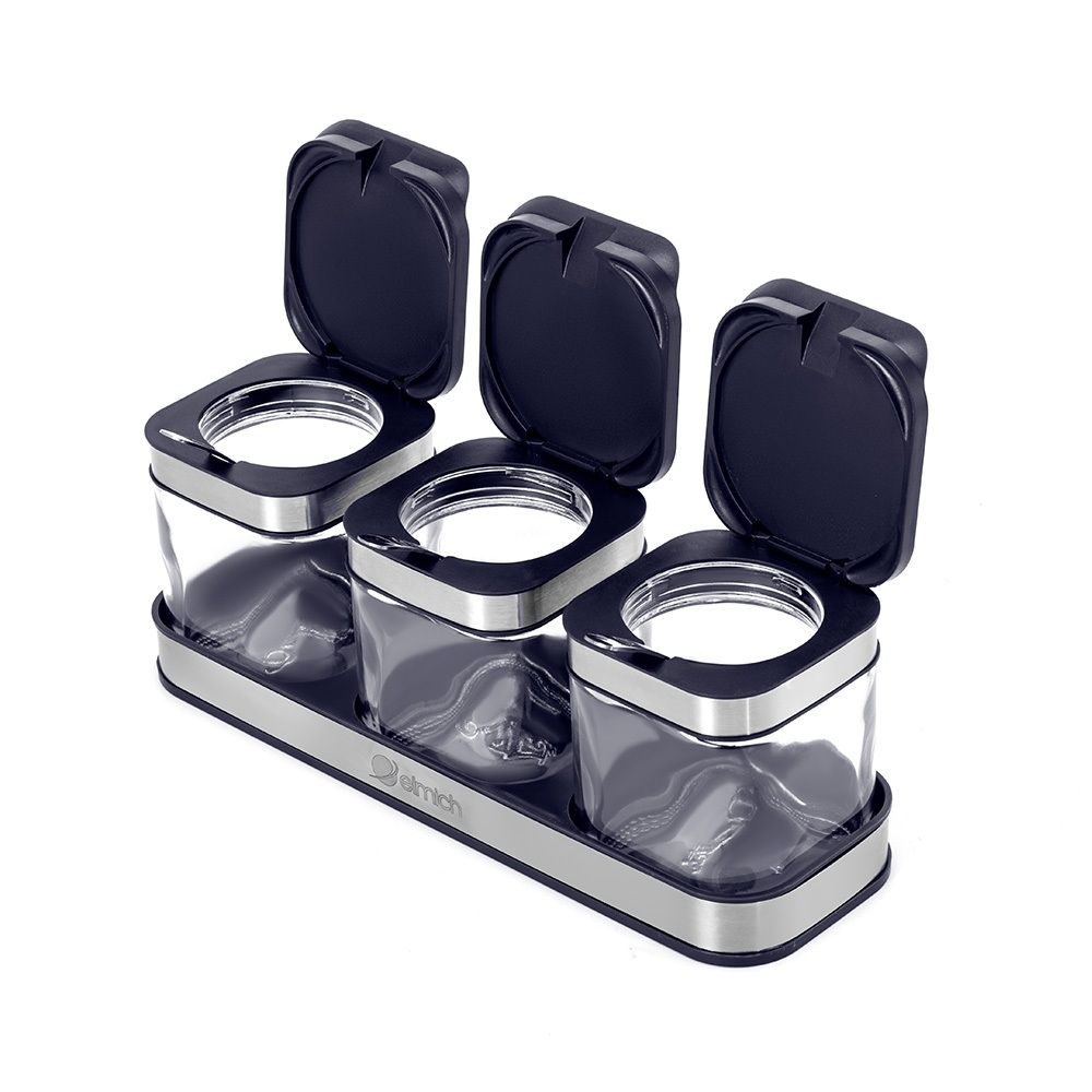 Bộ 3 Hộp Đựng Gia Vị Thuỷ Tinh Elmich EL1280, Hàng Chính Hãng, Giá Đỡ Bọc Inox, Kèm Muỗng - JoyMall
