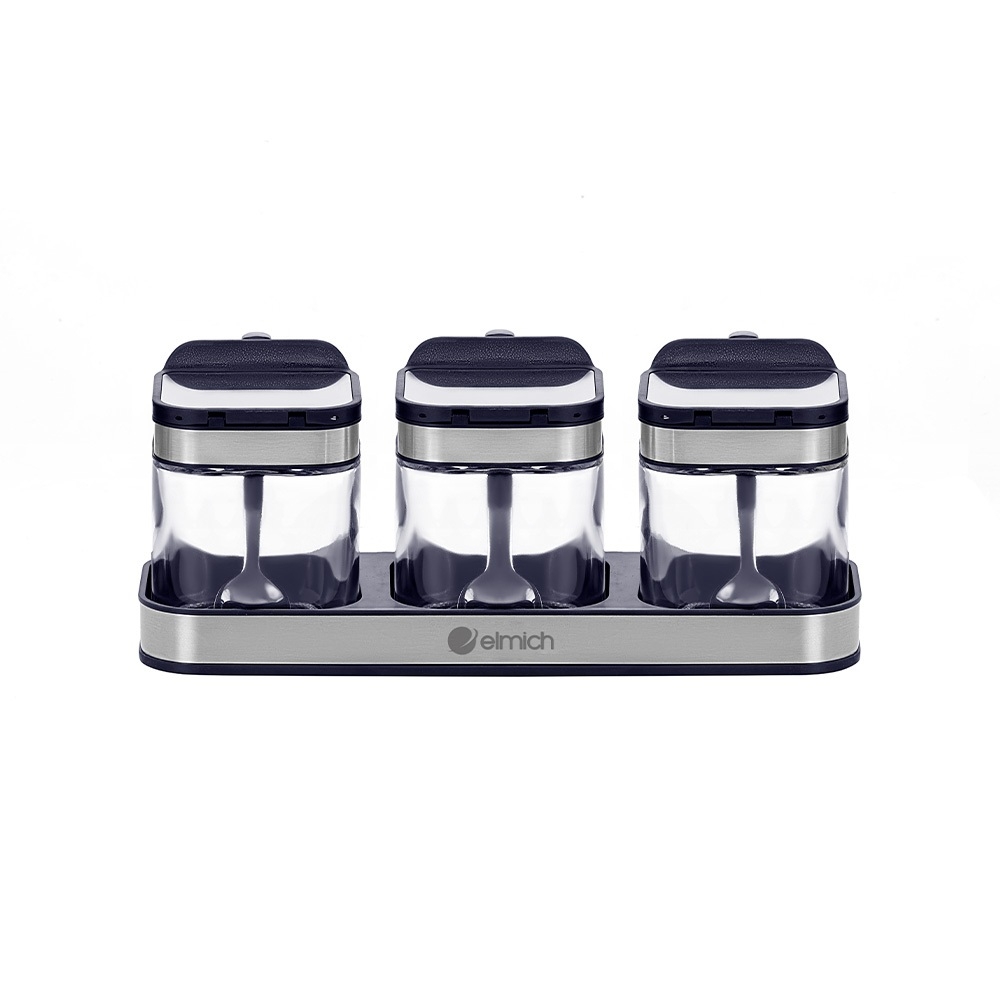 Bộ 3 Hộp Đựng Gia Vị Thuỷ Tinh Elmich EL1280, Hàng Chính Hãng, Giá Đỡ Bọc Inox, Kèm Muỗng - JoyMall