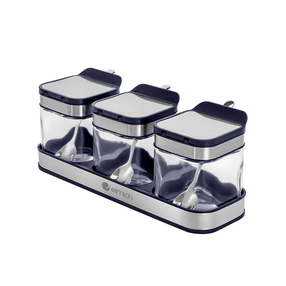 Bộ 3 Hộp Đựng Gia Vị Thuỷ Tinh Elmich EL1280, Hàng Chính Hãng, Giá Đỡ Bọc Inox, Kèm Muỗng - JoyMall