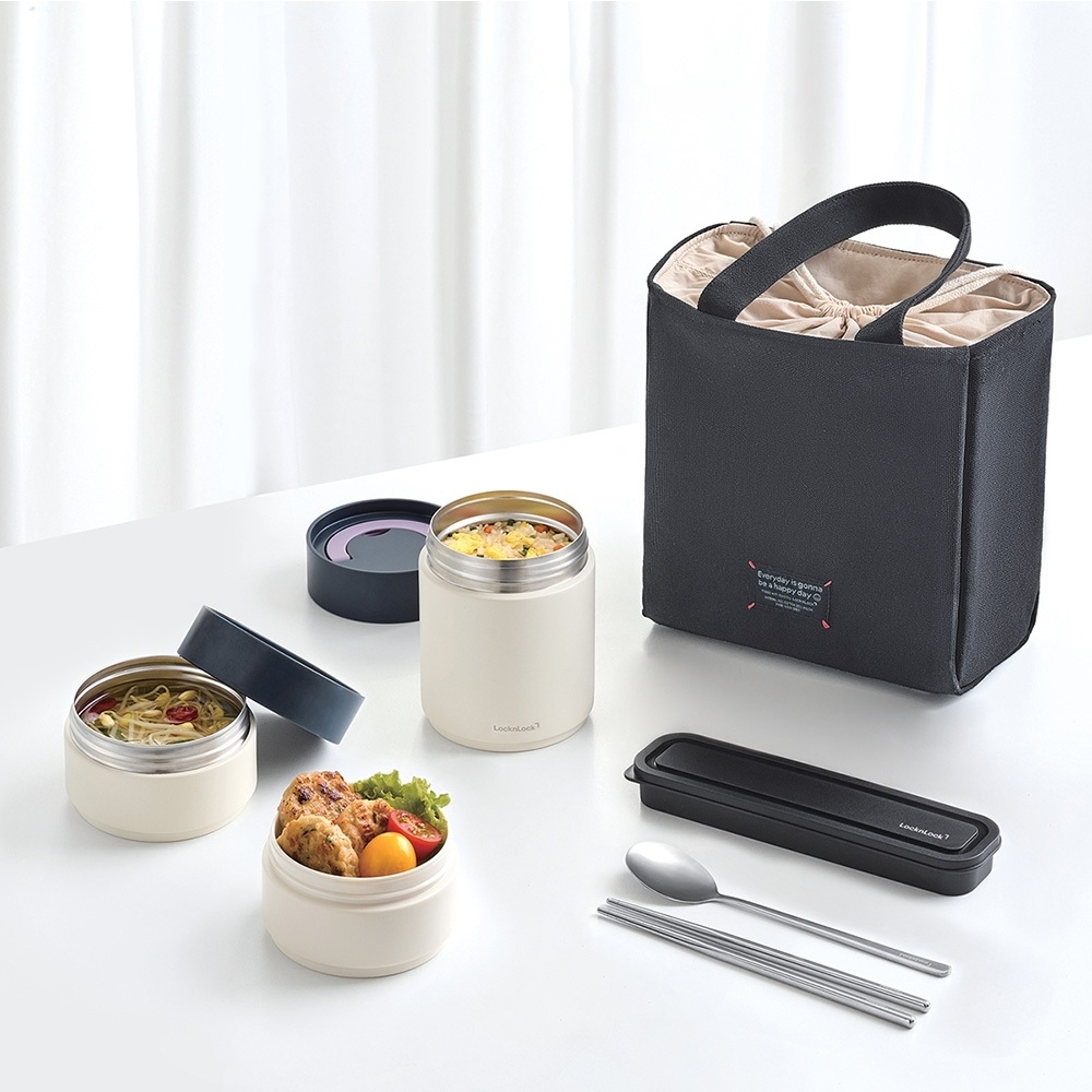 Bộ 3 Hộp Cơm Giữ Nhiệt LocknLock LHC8014IVY 1020ml, Hàng Chính Hãng, Kèm Muỗng Đũa Và Túi - JoyMall