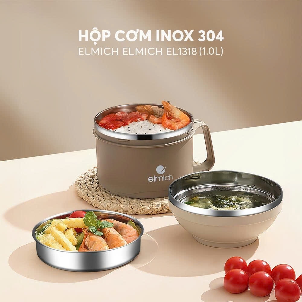 Hộp Cơm Inox 304 Elmich EL1318 1L, Hàng Chính Hãng, Thiết Kế 3 Trong 1 - JoyMall
