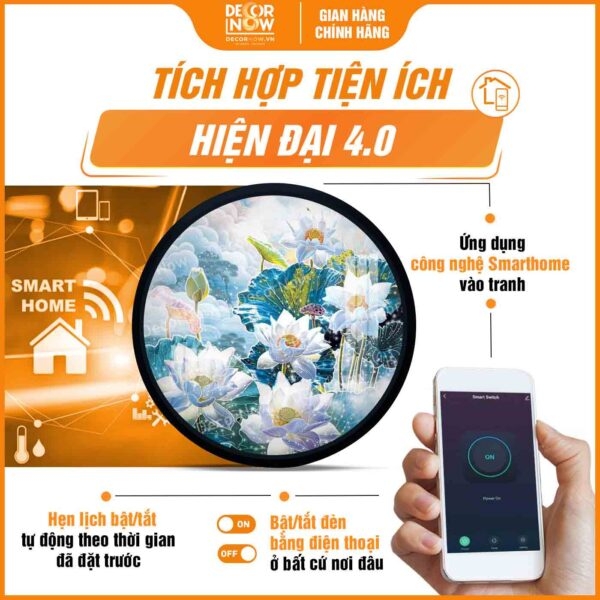 Tranh Hoằng Pháp Tròn Hoa Sen Trắng Thuần Khiết An Lạc DecorNow HD898