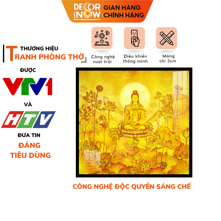 Tranh Trúc Chỉ In Vuông Hình Phật Quan Âm Họa Tiết Sen Trời DECORNOW DCN-TC154