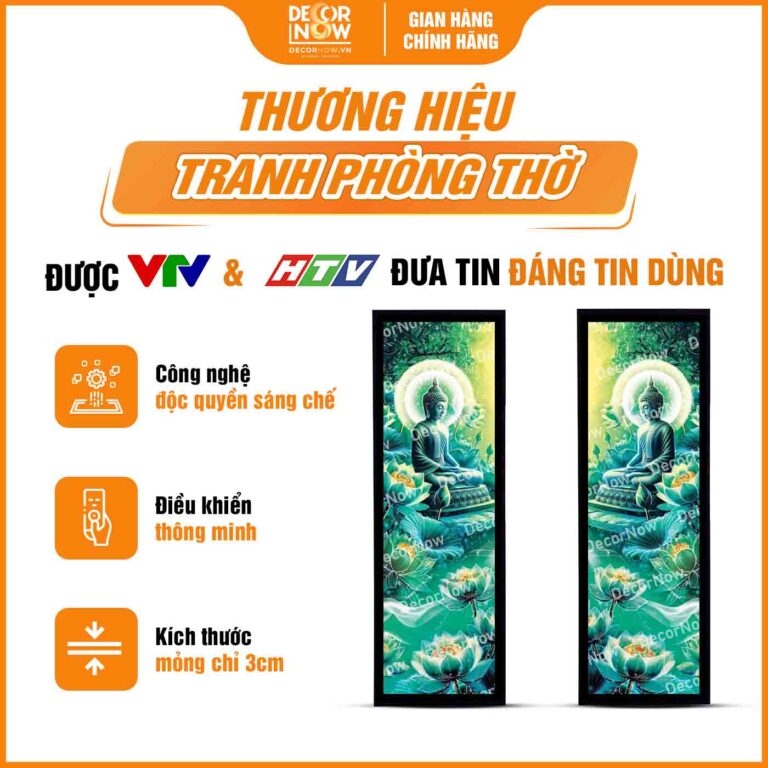Tranh Hoằng Pháp Đối Phật Thích Ca Mâu Ni Ngồi Thiền Sen Xanh DecorNow HD895