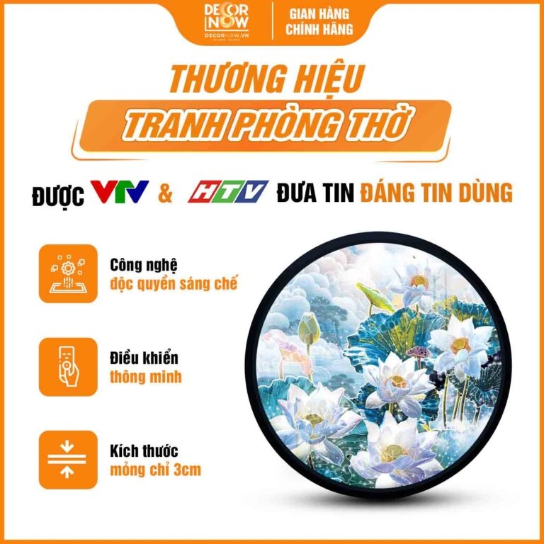 Tranh Hoằng Pháp Tròn Hoa Sen Trắng Thuần Khiết An Lạc DecorNow HD898