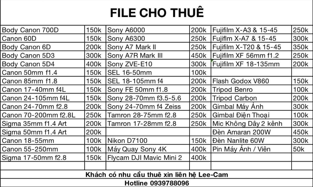 Dịch Vụ Cho Thuê Máy Ảnh & Ống Kính | Lee-Cam