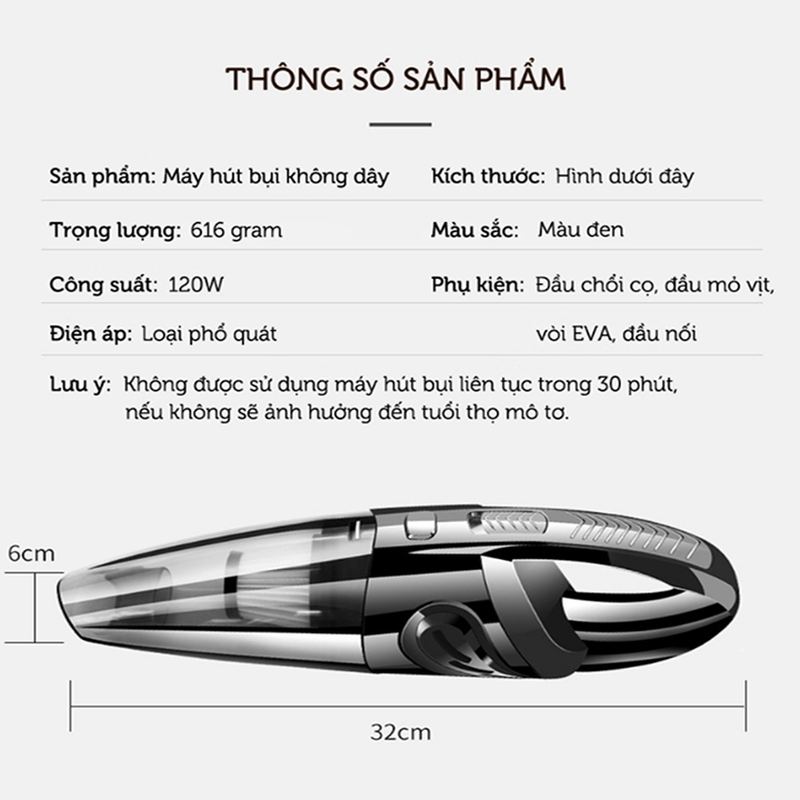 Máy hút bụi cầm tay R6053 120W lực hút mạnh 3200PA hút bụi ô tô, ghế sofa