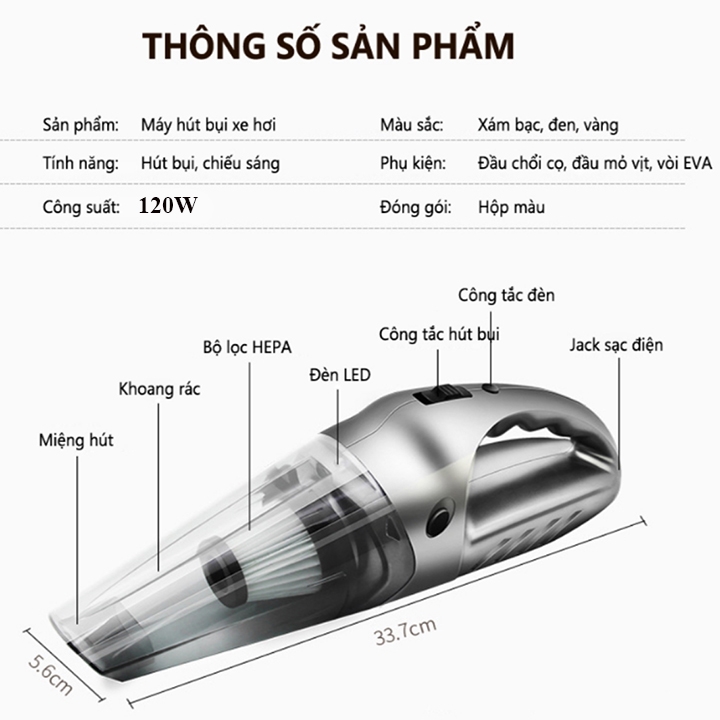 Máy hút bụi ô tô dùng tẩu 12V công suất 120W hút khô/ướt