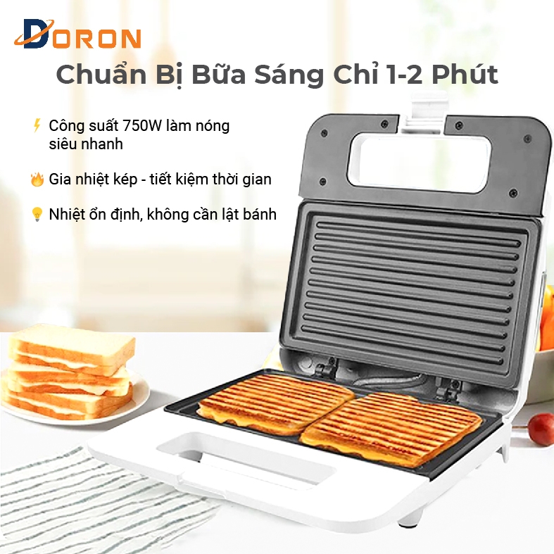Máy nướng bánh mì DORON 802 750W gia nhiệt kép 2 mặt, chống dính telfon siêu bền