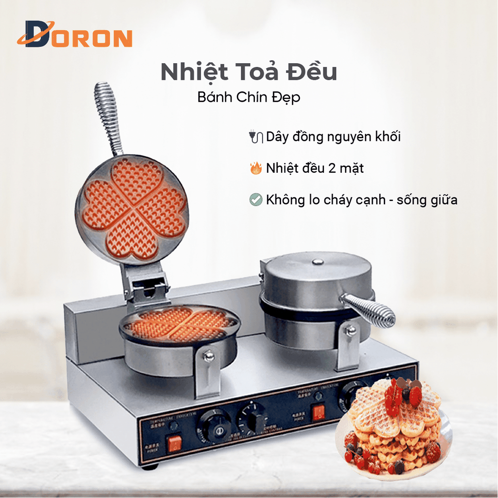 Máy làm bánh waffle công nghiệp đôi DORON_136, nướng bánh kẹp tàn ong khuôn trái tim