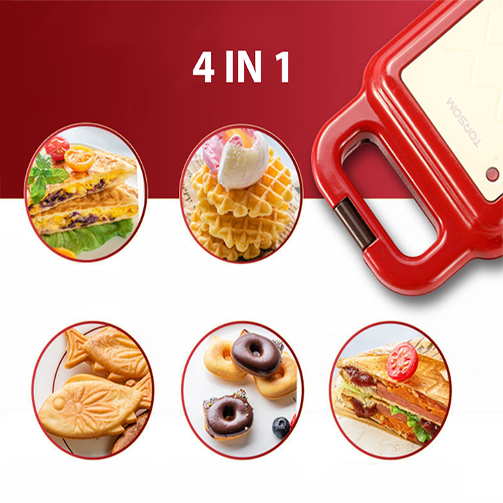 Máy làm bánh đa năng TORSOM TS-2168 600W 4 khuôn waffle/cá/donut/sandwich