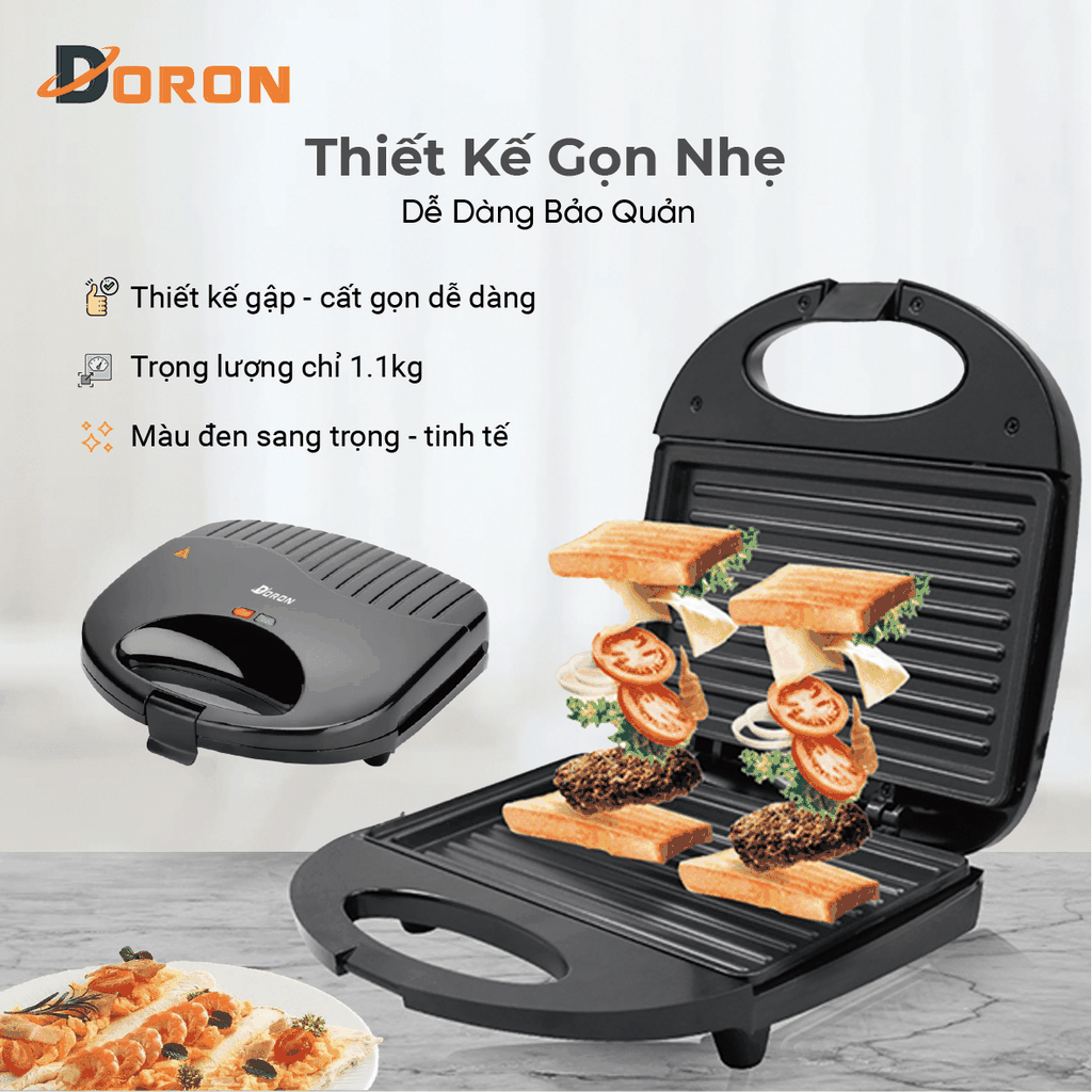 Máy kẹp nướng bánh mì hotdog đơn DORON_ 168, 750W nướng thịt, chiên trứng