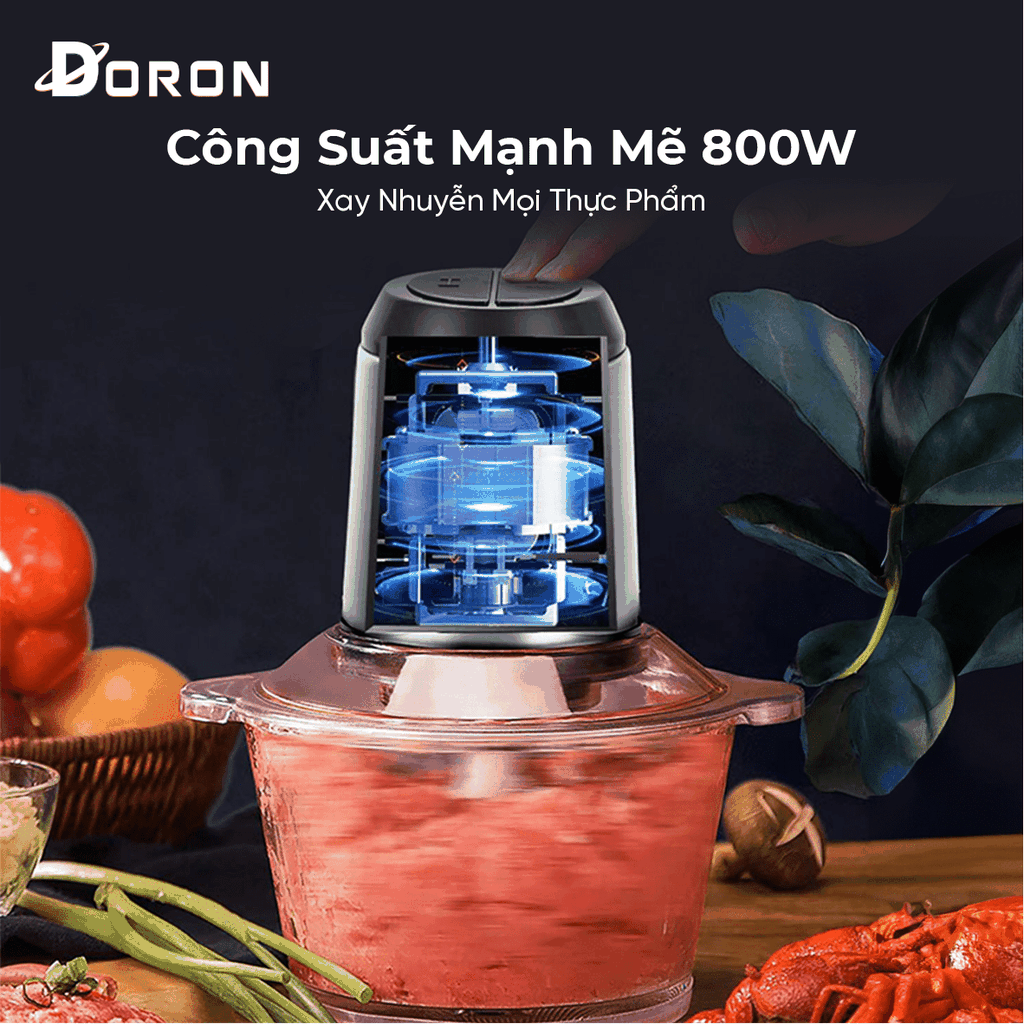 Máy xay thịt cối thủy tinh DORON_176, 800W dung tích 2l xay thịt cá, rau củ đa năng