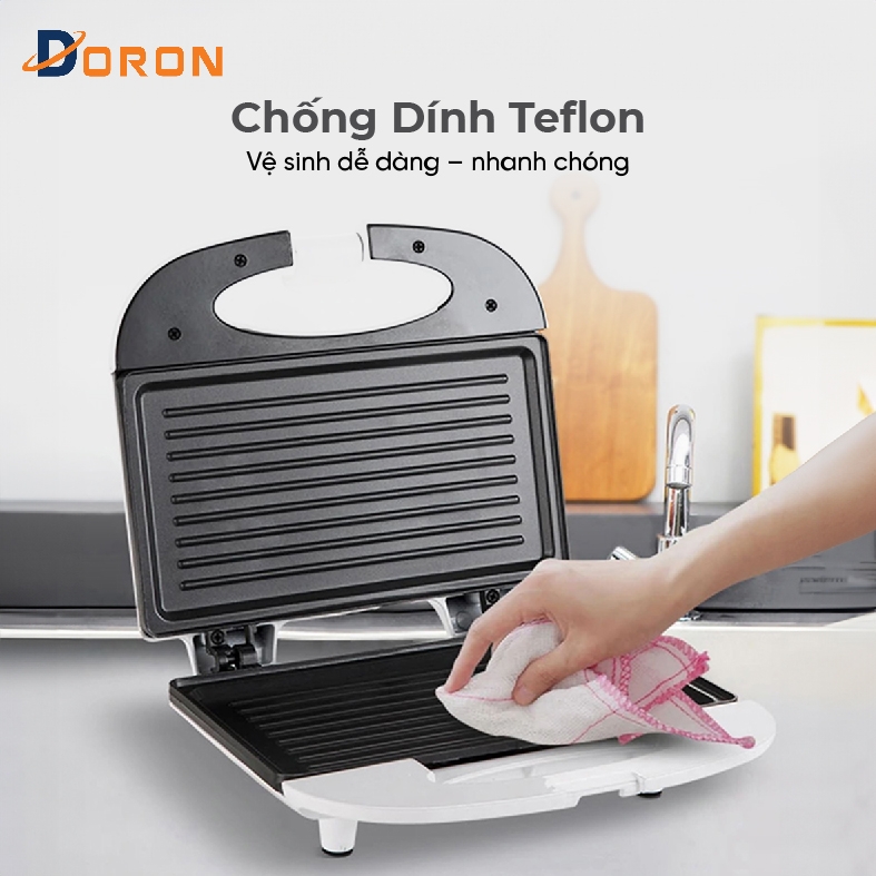Máy nướng bánh mì DORON 802 750W gia nhiệt kép 2 mặt, chống dính telfon siêu bền