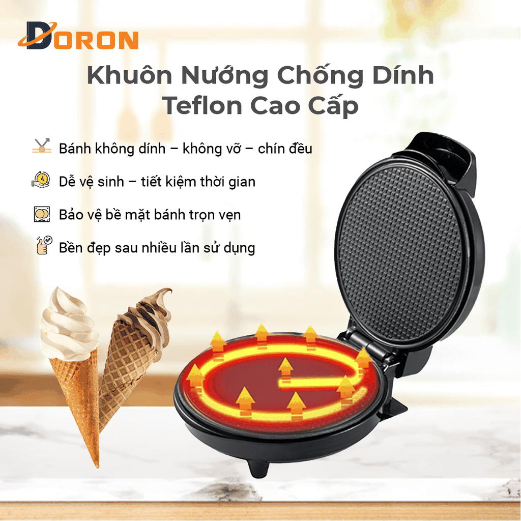 Máy làm ốc quế đơn DORON_123, 1000W làm vỏ ốc quế cuộn