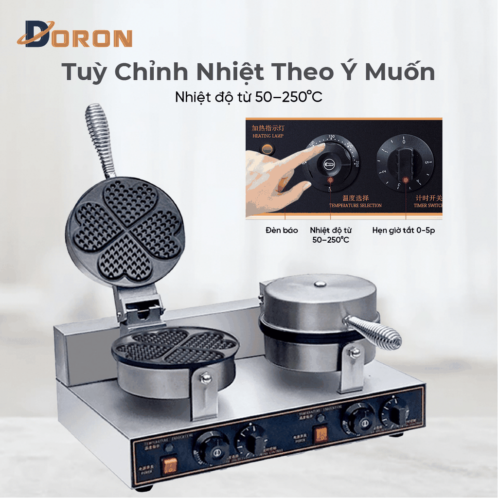 Máy làm bánh waffle công nghiệp đôi DORON_136, nướng bánh kẹp tàn ong khuôn trái tim