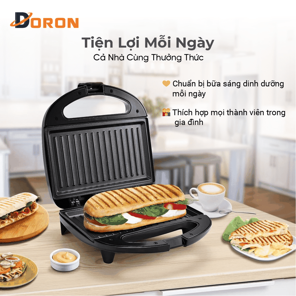 Máy kẹp nướng bánh mì hotdog đơn DORON_ 168, 750W nướng thịt, chiên trứng