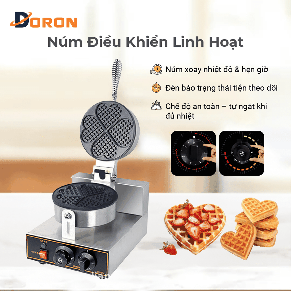 Máy làm bánh waffle công nghiệp đơn DORON_135, nướng bánh kẹp tàn ong khuôn trái tim